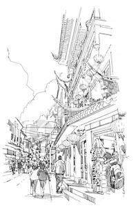 手绘建筑和城市街道背景图片