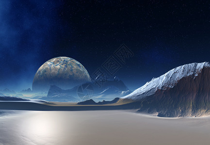 有山和月亮的幻想外星世界背景图片