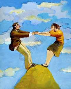 男人和女人只有合作才能站在山顶上图片