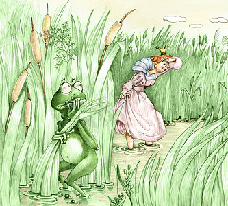 傲慢,一只青蛙王子在池塘公主的侵扰搜寻中躲藏插画