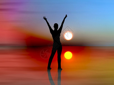 在太阳升起时跳舞的女孩象征着自由快乐图片