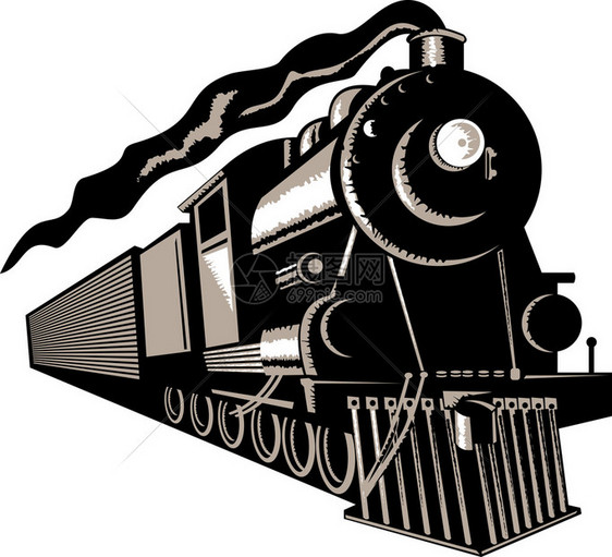 一条蒸汽车机在铁路上行驶的插图图片