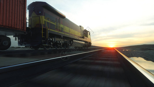 货运列车与货物集装箱反对日出3d渲染背景图片