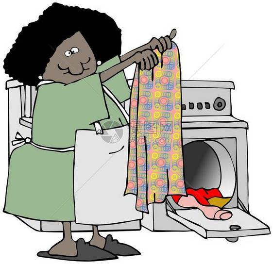 这个插图描述了一名站在洗衣机和烘干机折叠衣物前的图片