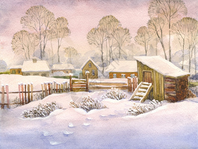 冬季村水彩色风景大雪飘在院子里有旧图片
