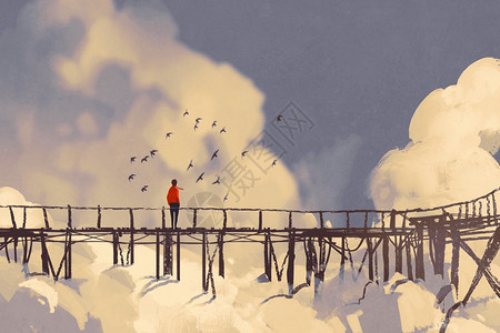 人站在云中的老桥上插图画图片