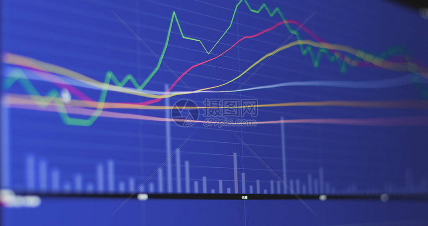 技术价格图表和指标，蓝色主题屏幕上的红色和绿色烛台图表，市场波动，上下趋势。高清摄影大图-千库网