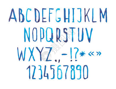 蓝色水彩画字体类型手写绘涂鸦abc图片