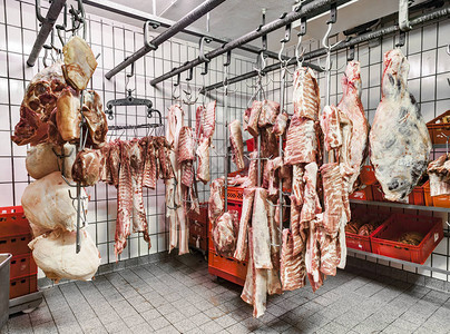 肉店冷库里的肉背景图片