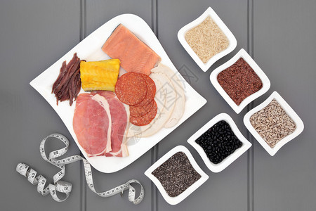 肉鱼豆类谷物和种子和卷尺的高蛋白健康食品饮食也被健图片