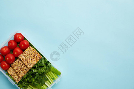 盛满健康餐饮的食品容器顶部视图图片