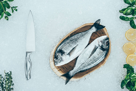 生多拉鱼和刀在冰上配料的顶部视图图片