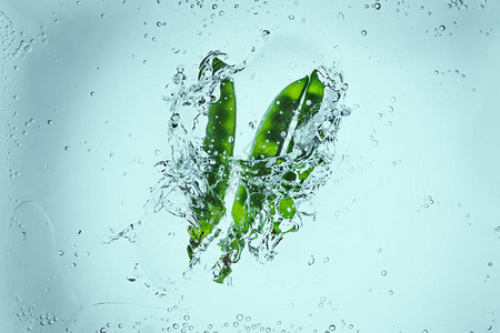 新鲜的绿豌豆漂浮在水中蓝色溅起水花图片