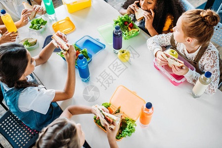 在学校食堂吃午餐的女学生群体背景图片