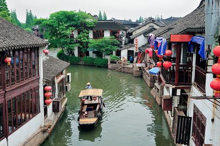 上海河边古村有船背景图片