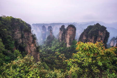 张家界南天一柱山顶高方尖像深谷的岩石一样在地表景色背景