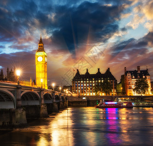 伦敦天际的夕阳景色议会大厦和威斯敏特桥图片
