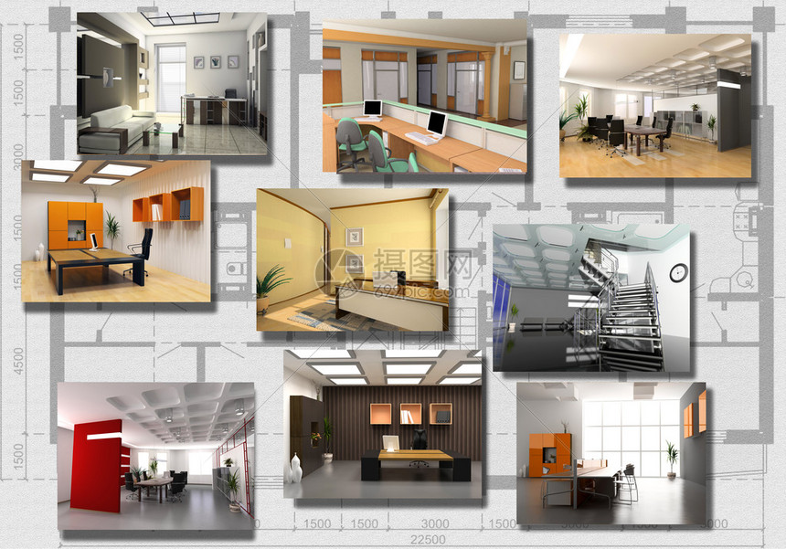 相对于架构计划3D翻接的现代办公室图片