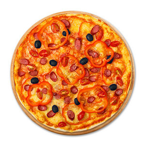 香肠辣椒樱桃西红柿和黑橄榄等美味意大利比萨饼图片