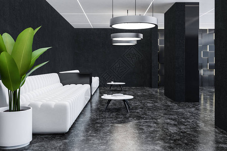 办公室内休息室内有黑墙混凝土地板和两张长的白色沙发图片