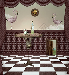 粉红火烈鸟和在奇幻乐园的餐桌用小门图片