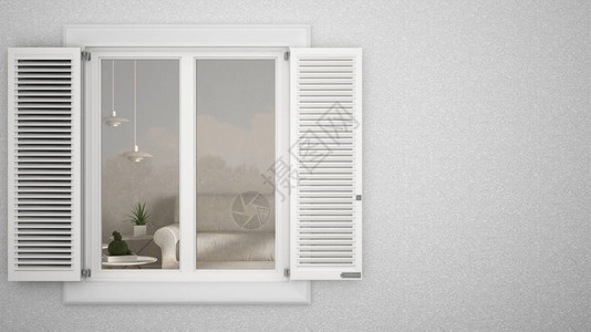现代简洁家居带百叶窗的白窗外墙石膏墙背景
