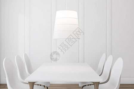 简约的餐厅内部有白色的墙壁木地板带白色椅子的白色长桌和上方时尚的吸顶灯背景图片