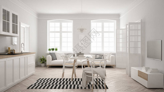 北欧风格配有餐桌和白色扫描室内设计的最小背景