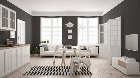 配备餐桌和白色和灰色扫描室内设计的最小型现代厨房图片