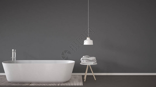 斯堪的纳维亚卫生间背景浴缸桌和灯具上的Herringbone天然面板地图片