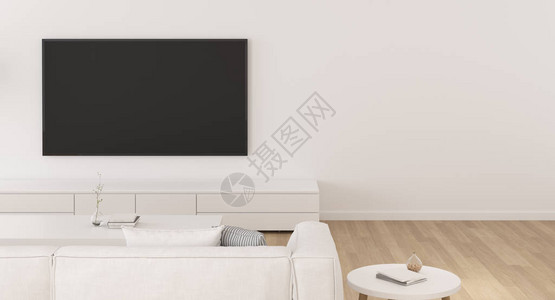 在普通的墙上可以看到带电视的最小室内设计与家具层压柜和灯图片