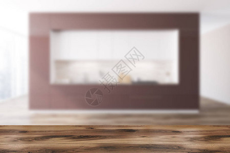 棕色和白色的原始厨房内部配有木地板白色和棕色的台面和阁楼窗户3d图片