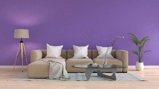紫色的棕色沙发和灯3D渲染图片