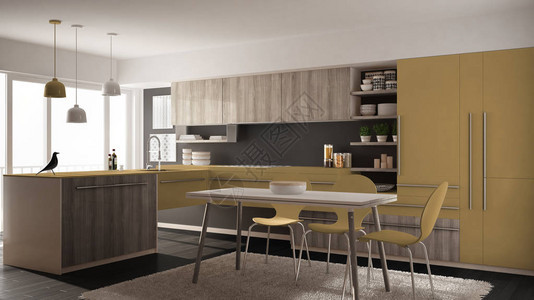 配有餐桌地毯和全景窗灰色和黄色室内建筑设计的现代最小型图片
