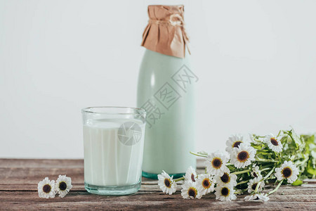 木桌上的洋甘菊花瓶和一杯鲜牛奶图片