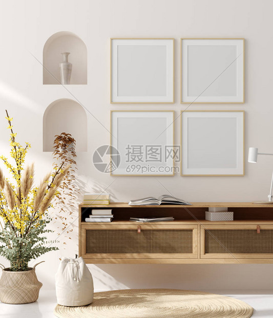在室内背景蜂蜜室和天然木制家具斯堪的纳维亚风格图片
