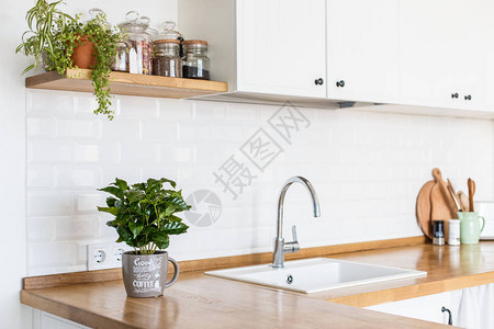 查看斯堪的纳维亚风格的白色厨房厨房细节木桌上的咖啡植物白色图片
