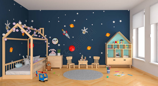 蓝色儿童房内部3D渲染图片