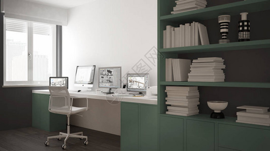 简约住宅中的现代工作场所带电脑的办公桌大书架舒适的白色和绿色图片