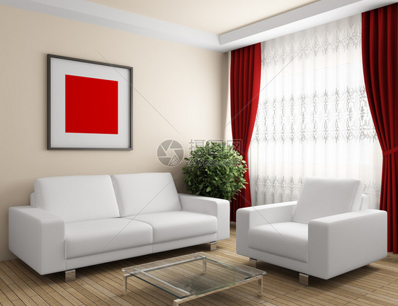 室内有白色家具和红色窗帘图片
