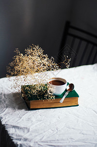 一堆书上的新鲜热咖啡窗边的桌子上盖着白布静生不息的生命图片