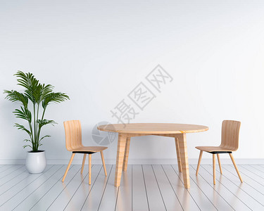 白色房间里的木制椅子和桌子3D渲染图片