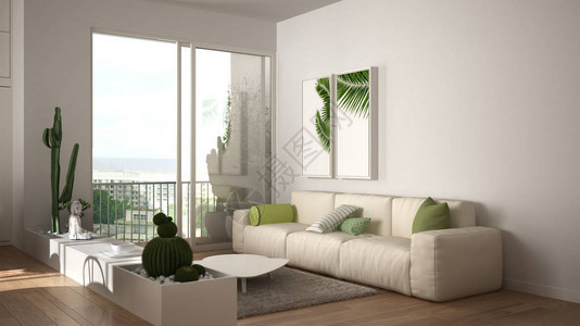 生态绿色室内设计有沙发的白色客厅苏普尔陶植物椰子地板全景图片