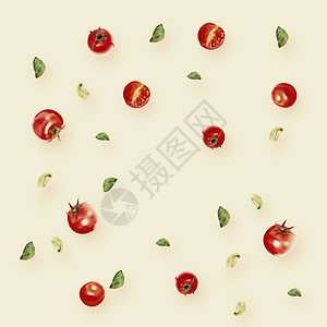 由樱桃番茄和巴西利叶子制作的具有长影的自然多彩形态背景顶部视图片