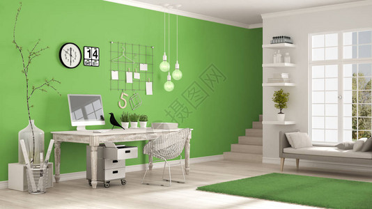 工作场所扫描白色和绿色房间角落办公室经典最低室内设计图片