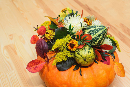 秋花束装饰南瓜花和叶子图片