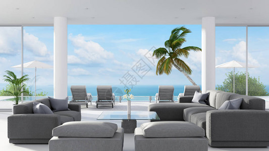 室内海滩休息室客厅内有海景和图片