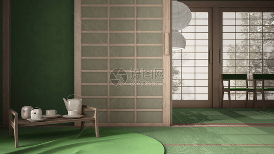 东方室内设计开放空间带蒲团的绿色空房间榻米木屋顶米纸门传统茶室地毯带茶具的托盘椅图片