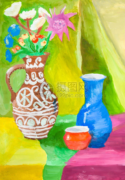 用纸上水颜色抽取的桌上陶瓷罐子所绘制的手绘训练用手工涂图片
