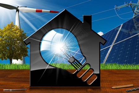 在木桌和蓝天上展示带有灯泡太阳能电池板风力涡轮机和电源线的样板房的3D插图图片